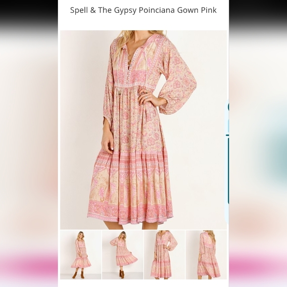 🪄 Spell Poinciana Cotton Candy Midi Dress Boho Long Sleeve Size S Rare HTF